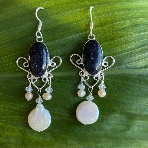 Sterling Silver 925 Blue Goldstone Dangle Earrings - Picture 4 of 9